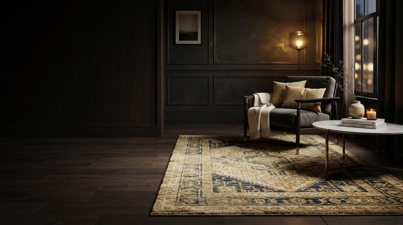 Donker interieur met een luxe FLAID vloerkleed